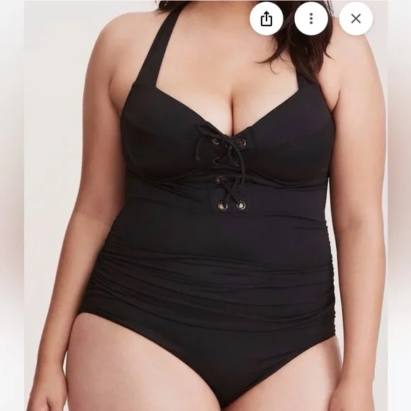 Torrid Size 2 Black Lace Up Wireless One Piece Ruched Bra Support Swimsuit 18/20 - Picture 1 of 15